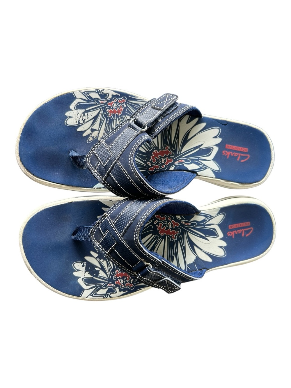 Clarks Cloudsteppers Breeze Sea Flip Flops Navy Blue Floral Print Womens Medium - Picture 4 of 11